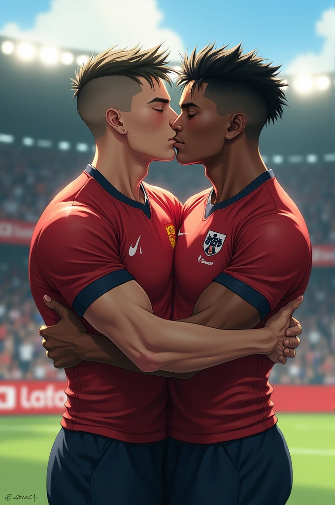 Young Japanese rugby player A and Japanese rugby player B。A has a buzz cut and dark skin、Muscular。Wearing sleeveless rugby uniforms。B has short hair and is a muscular jock。A and B kissed after a rugby match.、Hug each other tightly
