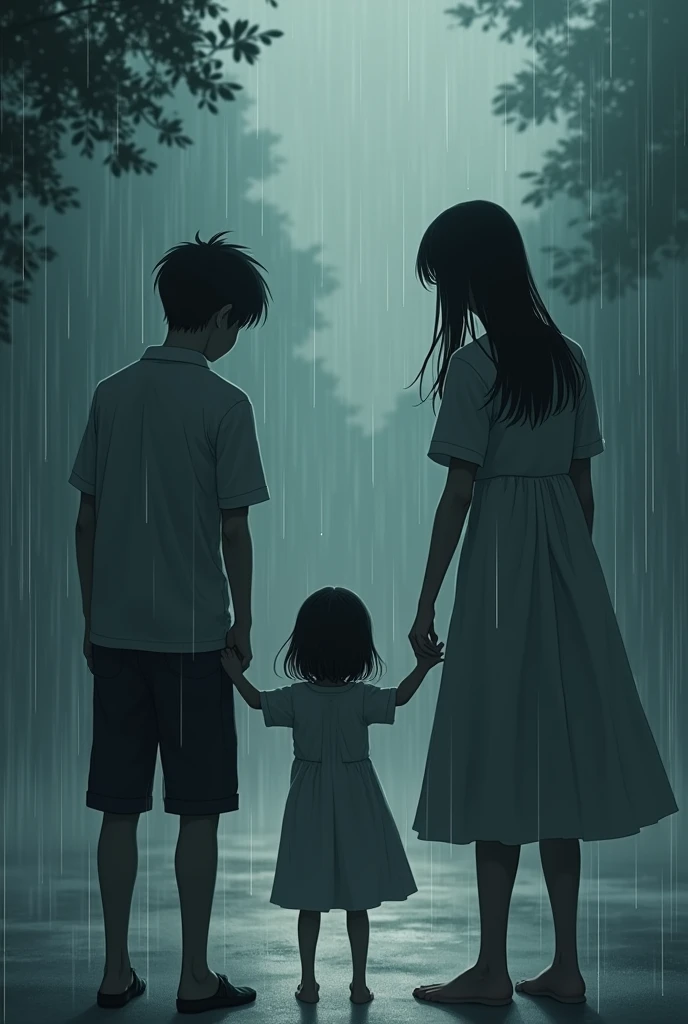 two boys, the woman with straight black hair, thin and white skin, the man with straight hair, thin and white-skinned girl hugging each other from afar in the rain