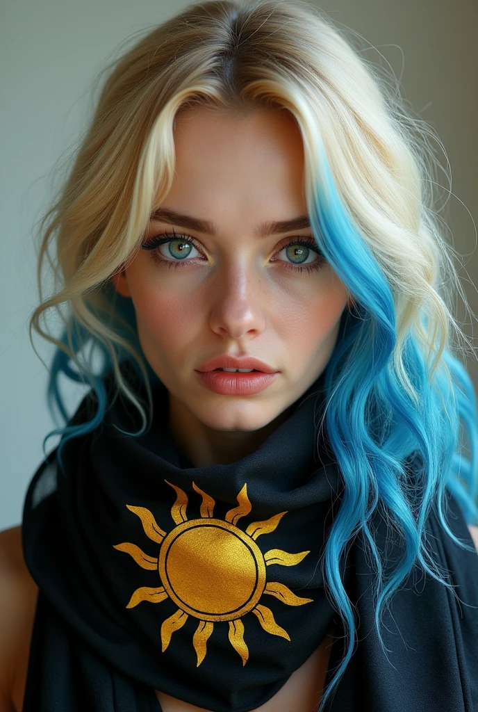 My character is a woman, she is also blonde, she has blue tips and she has a black scarf with a sun on it.