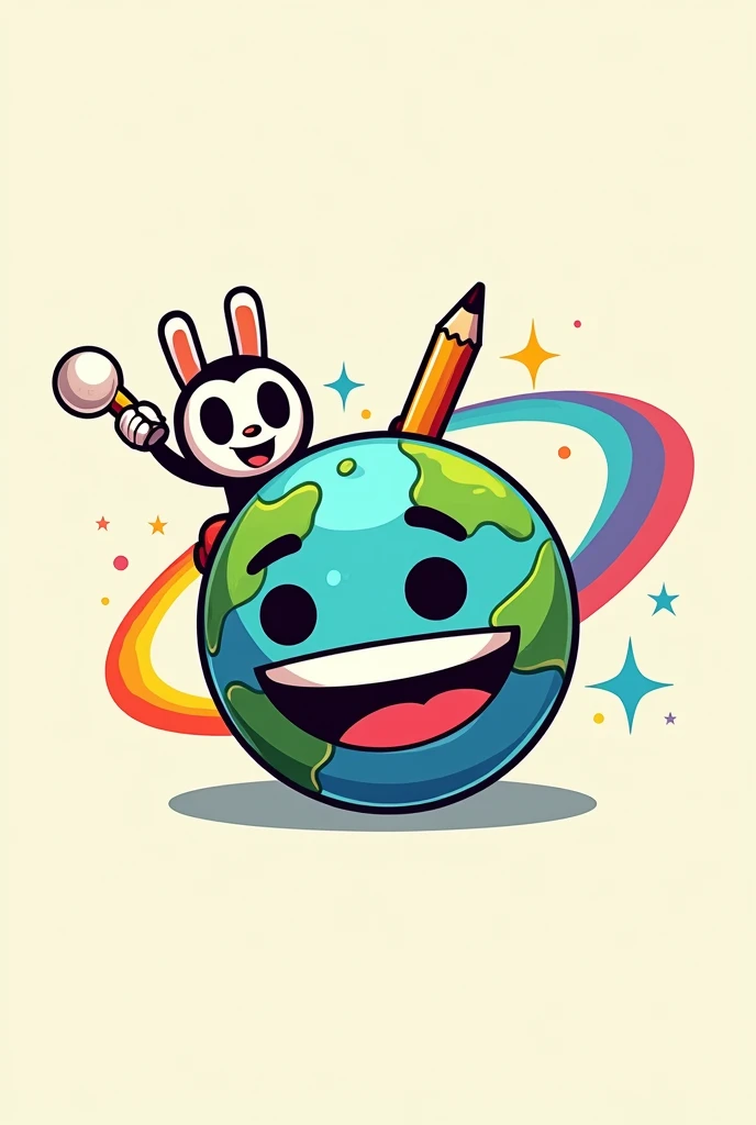 Smiling planet logo , cartoon type cuphead with a pencil making a colored stroke around him