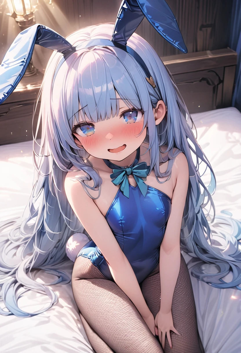 masterpiece, best quality, extremely detailed, (illustration, official art:1.1), 1 girl ,(((( light blue long hair)))), ,(((( light blue long hair)))),light blue hair, , long hair ((blush)) , cute face, masterpiece, best quality,(((((a very delicate and beautiful girl))))),Amazing,beautiful detailed eyes,blunt bangs((((little delicate girl)))),(((tareme))),droopy eyes.(true beautiful:1.2), sense of depth,dynamic angle,,,, affectionate smile, (true beautiful:1.2),,(tiny 1girl model:1.2),)(flat chest), 1 cute girl, hairband, blue eyes, smile, open mouth, cowboy shot, BREAK (ligtht blue Playboy Bunny, ligtht blue sexy Leotard, Fishnet Tights, Bunny Ears ), masterpiece, best quality, very aesthetic, absurdres, absolutely resolution, ultra detailed, 8K, detailed beautiful face and eyes, perfect anatomy, professional lighting,,on bed, ,Intricate details,Extremely detailed,Outstanding intricacies,(Masterpiece:1.2),(Best quality:1.2),(Absurdres absolutely resolution:1.4), (((shy,embarrassed)))