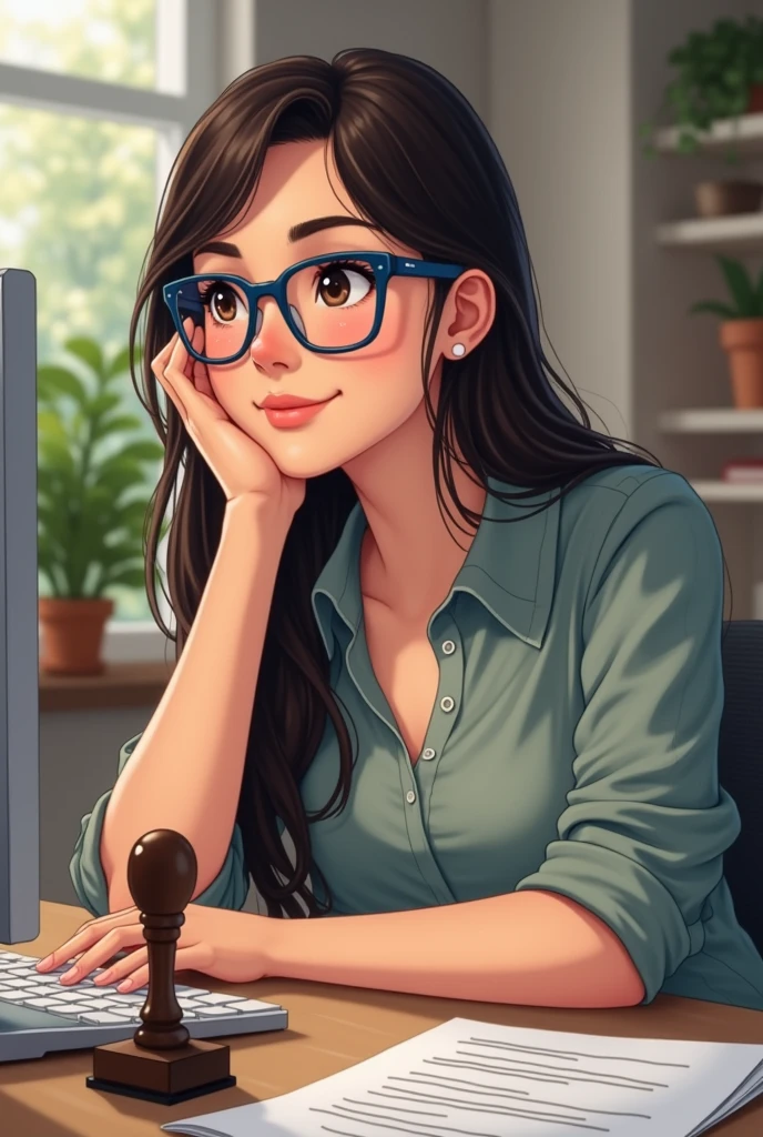 A brunette woman, with long dark brown hair parted on the side, wearing reading glasses with a half-rectangular frame in blue and black, with small dark brown eyes , with thick and well-defined eyebrows, com rosto redondo, wearing casual clothes, working on a computer, happy and satisfied facial expression with what you do at work, holding a stamp in one hand 