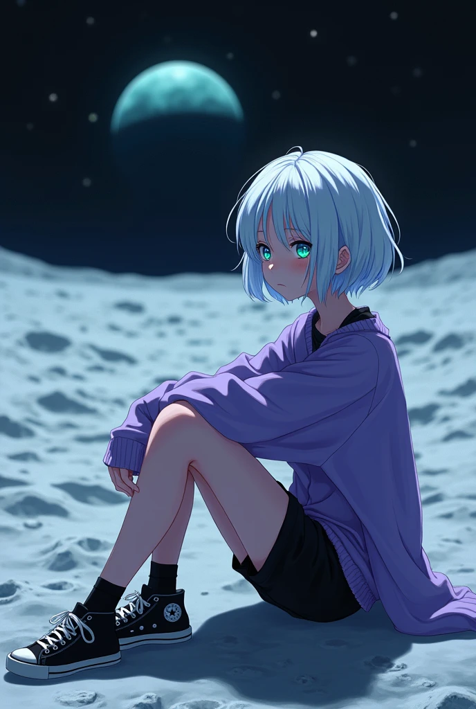 anime style,  adult woman, with one blue eye and one green eye, short white hair.
The image shows a melancholic aura Sitting on the moon.
He is wearing black shorts, a purple oversize and black tennis shoes.