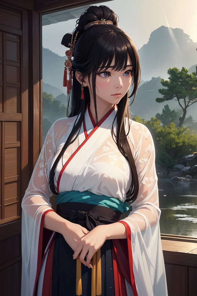 Heavy Rain、In the storm、flood、Rich historical background. (Highest quality,4K,8k,High resolution,masterpiece:1.2), Very detailed, (Realistic,Realistic,Photorealistic:1.37), High resolution, Hyper HD, Studio Lighting, Ultra-fine painting, Sharp focus, Physically Based Rendering, Very detailed説明, Professional, Vibrant colors, Bokeh, Sports Late, Ancient War Landscapes, Traditional Chinese Painting Techniques, Atmospheric lighting, Vivid color contrast, Visually stunning composition, Ethereal atmosphere,Very detailed目と顔, Beautiful attention to detail, Light on the face, (Hanfu: 1.1),Your body is wet、My clothes are wet and transparent、Nipples are visible