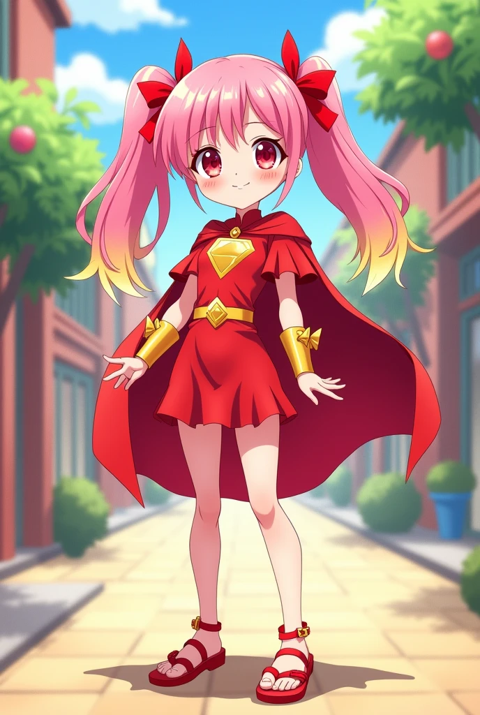  Girl, like , long straight pink hair, and at the tips of the hair its color is yellow, She wears two pigtails, Her skin is pastel pink (oh really) and his eyes are red, He wears red superhero clothes, next to a light red cape, and wears red sandals. anime style.