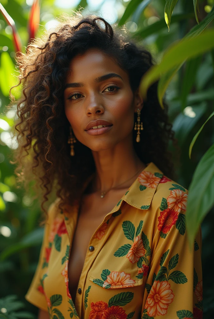 A Brazilian woman in a lush tropical garden, wearing an open shirt with a floral print, with a close-up capturing the harmonious beauty between her breasts and the natural flowers, showing off your natural charm and outgoing personality.