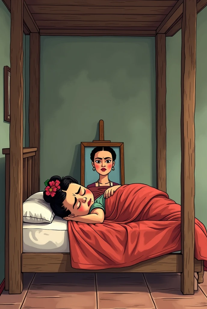Manga style cartoon of Frida Khalo as an adult,  with a sad face lying completely on the bed,  face up, without pillows. The bed has 4 wooden columns, one in each corner., that support a wooden board that functions as a roof, where there is a mirror pointing down where Frida sees herself. Frida has a bed easel on her belly or chest where a self-portrait is painted. drawing for toddlers 