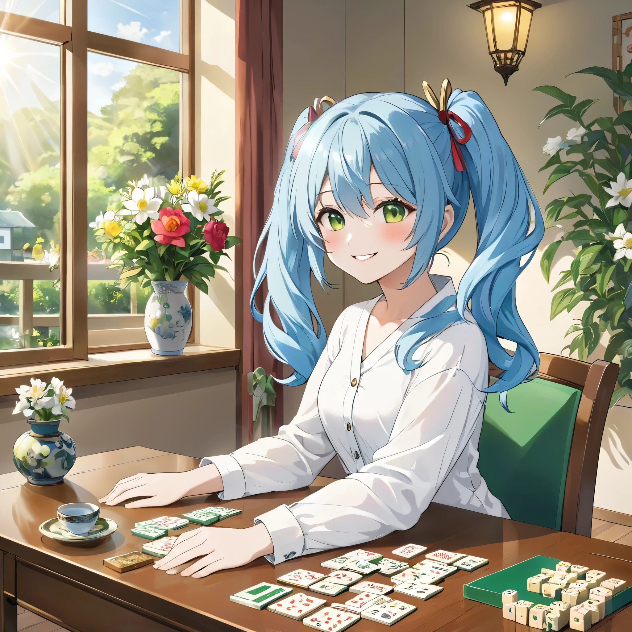 Girl enjoying mahjong, smiling, long light blue hair, twin tails、White shirt, mahjong, Green table, Chair, Sitting, 4人でGreen tableを囲みmahjongを楽しんでいる、Bright room with sunlight、The room is decorated with margaret flowers.、