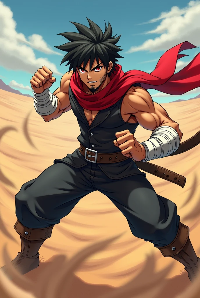 An anime character:
male gender, black short hair, short beard, Eyes red, dark brown skin.
Wears white bands tied around his arms.
His clothes are red and black in color., leather boots, Red scarf.
is in a fighting position.
the background is in the desert.