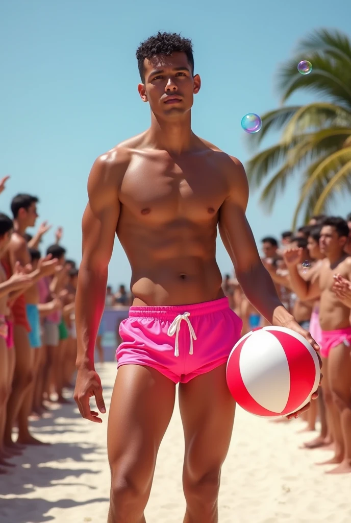 A handsome young man with a beautiful, thin, white face, fair and smooth skin, shirtless, wearing a pink swimsuit, short black hair, on a catwalk at a men's beach party, holding a beach ball in his hand, the audience applauding and celebrating with bubbles. A tall, thin, white, shirtless man.