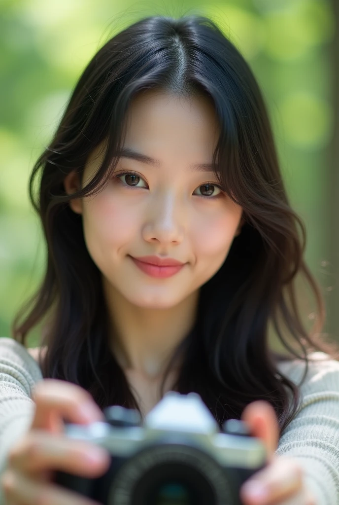 A fair-skinned Japanese woman walking outside。Portrait。Selfie-style photo taken with hands stretched out。