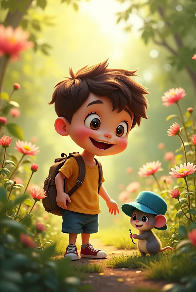 A cheerful boy named Leo exploring the garden under the sunlight, discovering a little mouse wearing a blue hat.