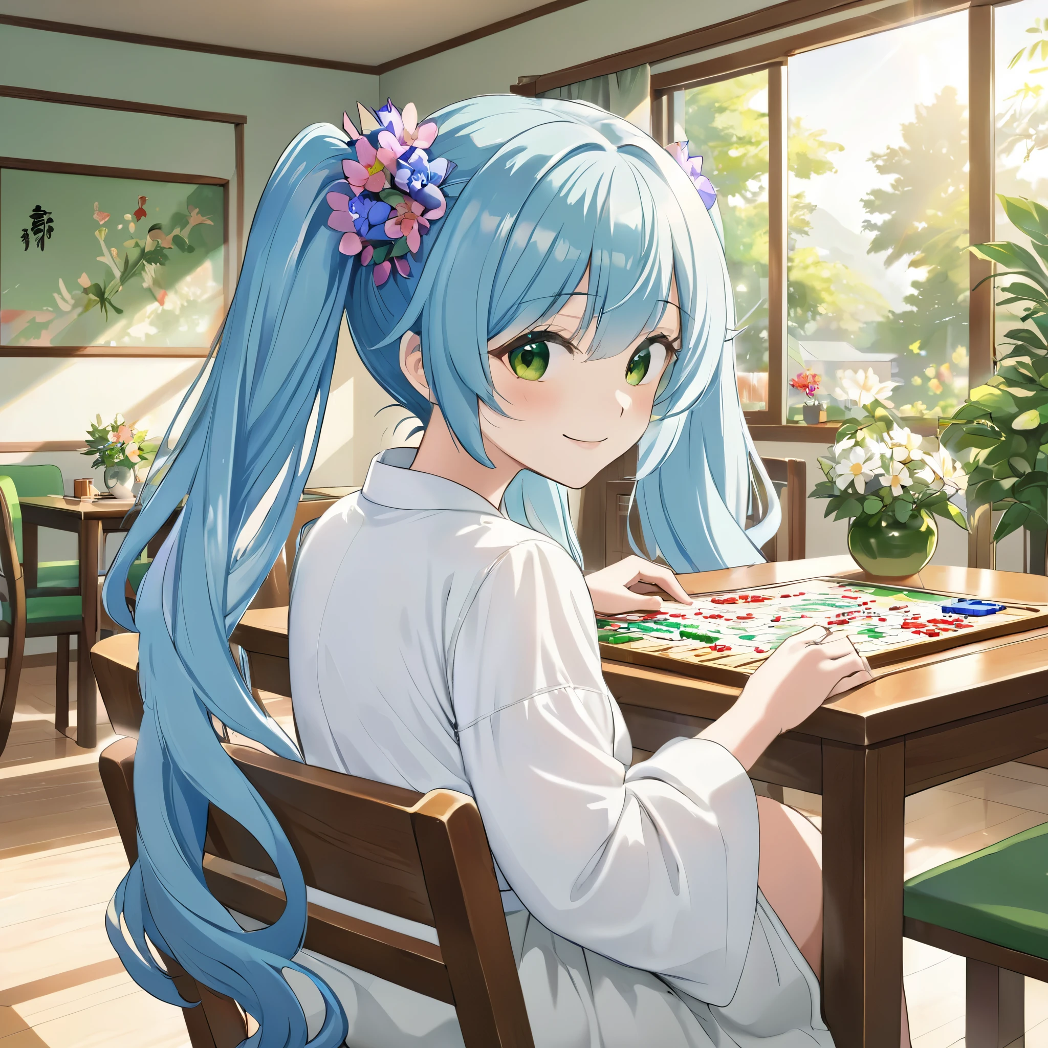 Girl enjoying mahjong, smiling, long light blue hair, twin tails、White shirt, mahjong, Green table, Chair, Sitting, 4人でGreen tableを囲みmahjongを楽しんでいる、Bright room with sunlight、The room is decorated with margaret flowers.、