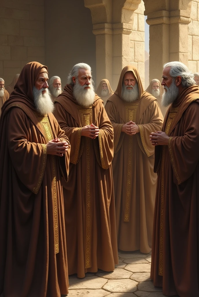 Image with elders dressed as in the times of Jesus and who bear the name on their clothes "WarCry Peru" in gold colored letters