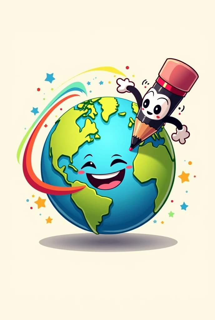 Smiling planet logo , cartoon type cuphead with a pencil making a colored stroke around him
