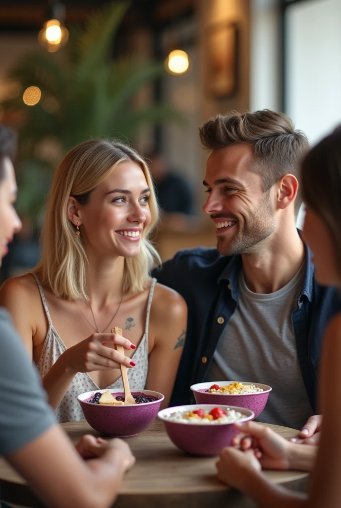 Realistic man and wife 25-35 years old, At the acai shop ,blonde hair eating acai , with friends Ultra HD, high qualiy, best qualityer, high resolution, 8k, 16K