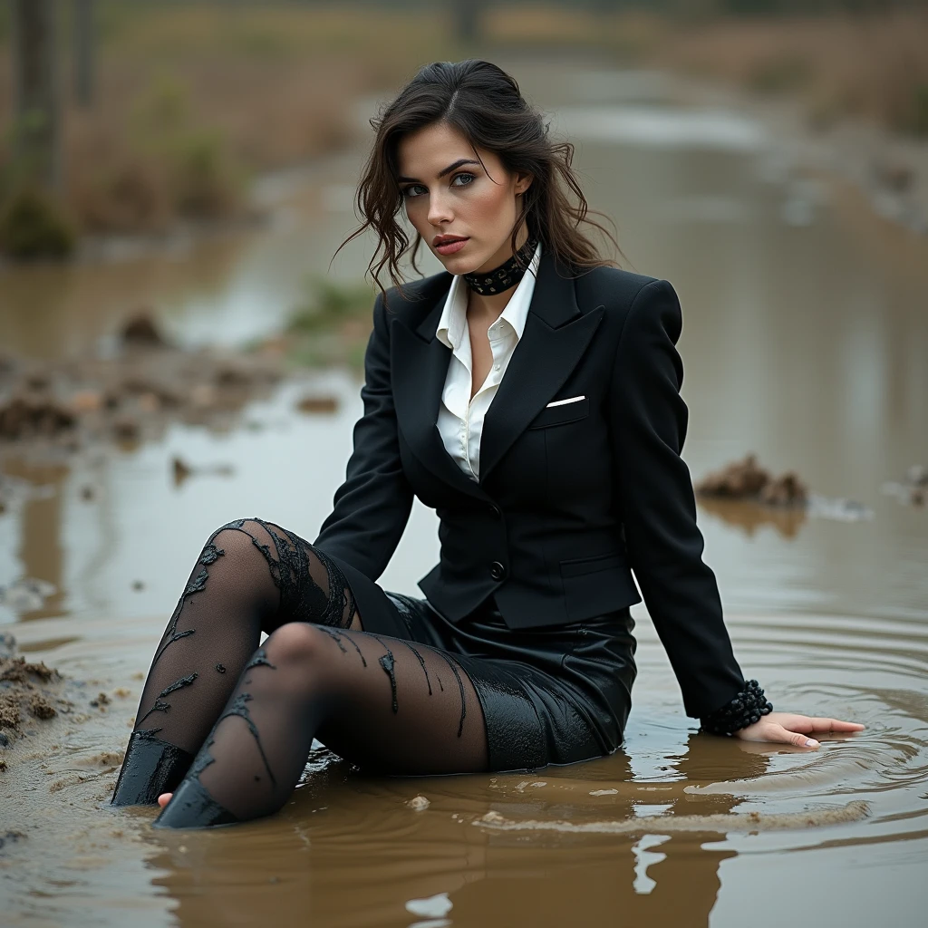 She is dressed in long and black and very torn business pencil skirt made from cotton and wool fabric, black and muddy and torn business jacket made from cotton and wool fabric. black vest, white shirt, torn stockings, black choker on the neck. She located in very muddy and very flooded field. She sitting on her backs and 2 elbows in flirtatious and provocative pose deep in the water and liquid mud, dips her head in the liquid mud and very tears her clothes and gets stuck in mud, but fully clothed in business skirt suit, she smear a lot of liquid mud on own clothes and torn it by hand. This lady deep dive in mud, rolling in mud, their clothes completely torn and covered with liquid mud, dirty water. Please use only cotton and wool fabric for clothes of this lady.