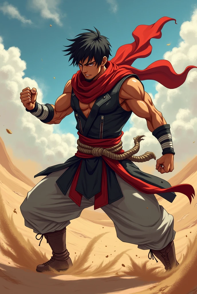 An anime character:
male gender, black short hair, short beard, Eyes red, dark brown skin.
Wears white bands tied around his arms.
His clothes are red and black in color., leather boots, Red scarf.
is in a fighting position.
the background is in the desert.