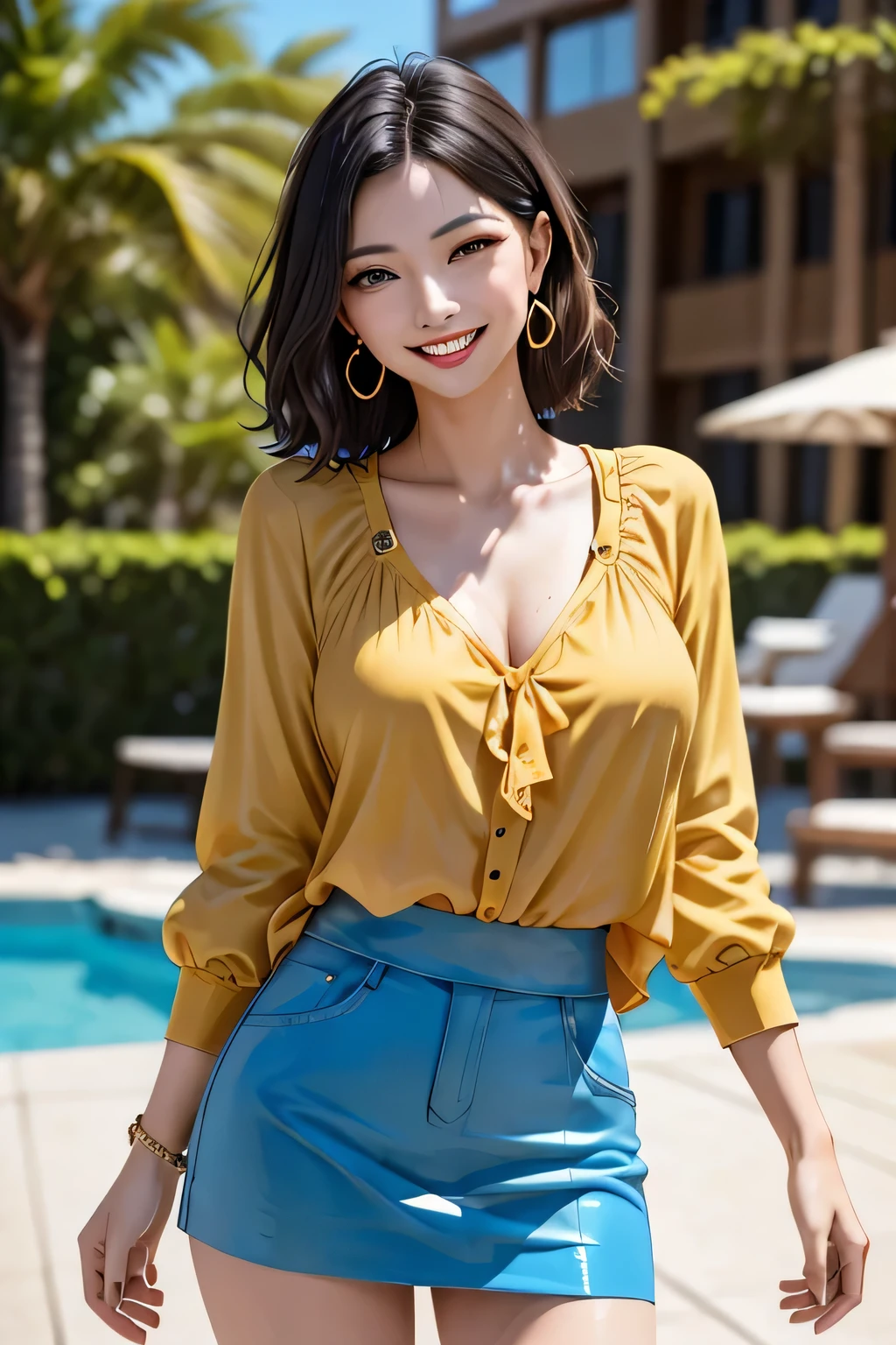 ((((masterpiece, Highest quality, High resolution)))), Extremely detailed 8K, Beautiful with a voluptuous body, (ultra HD, Very detailed, Very detailed, Very realistic, ultra-realistic, Photo Real), (One Woman:1.5), beautiful, Very detailed顔, fine grain, (eyelash), double eyelid, grin,(Realistic black hair), (Short Wavy Hair, hair ornaments, Earrings), (Dynamic pose), To the camera, View your viewers, (Blushing, Embarrassing, smile), (Sharp eyes), (Large firm breasts:1.2), (Beautiful detailed face, Beautiful attention to detail), ((blouse, Tight mini skirt)), (detailed pussy), (stand up), Sweat, Shine, (Sunbeam, sunlight), ((Cowboy Shot)), hotel, Fascinating