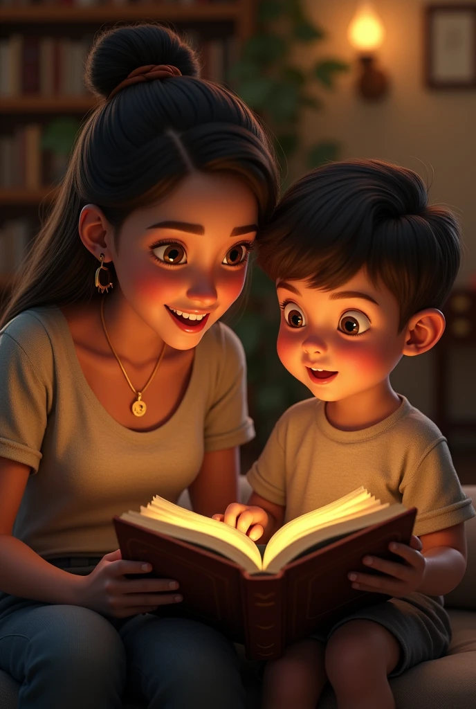 A women tell a story with a boy