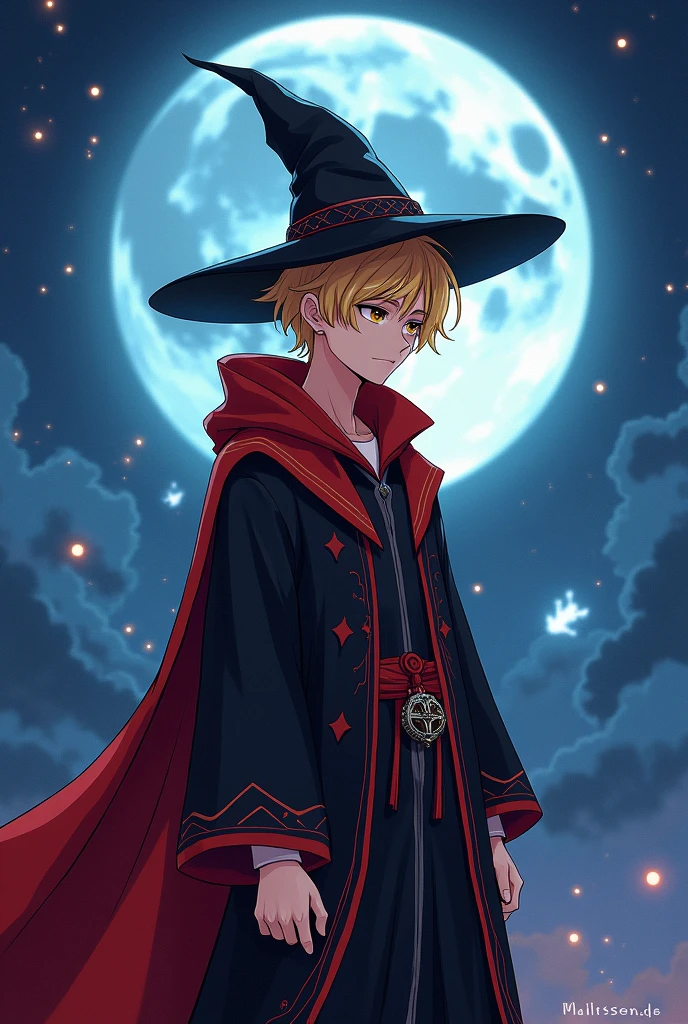 Young male wizard, blonde hair shaved on the sides, wizard hat, with black and red clothes , night scene, style cartoon.