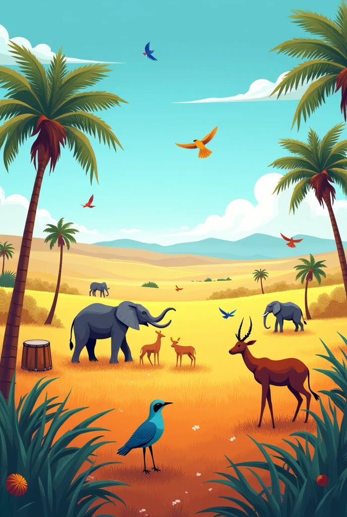give me a picture, with plains, where there are animals, musical instruments and palms to draw and simple