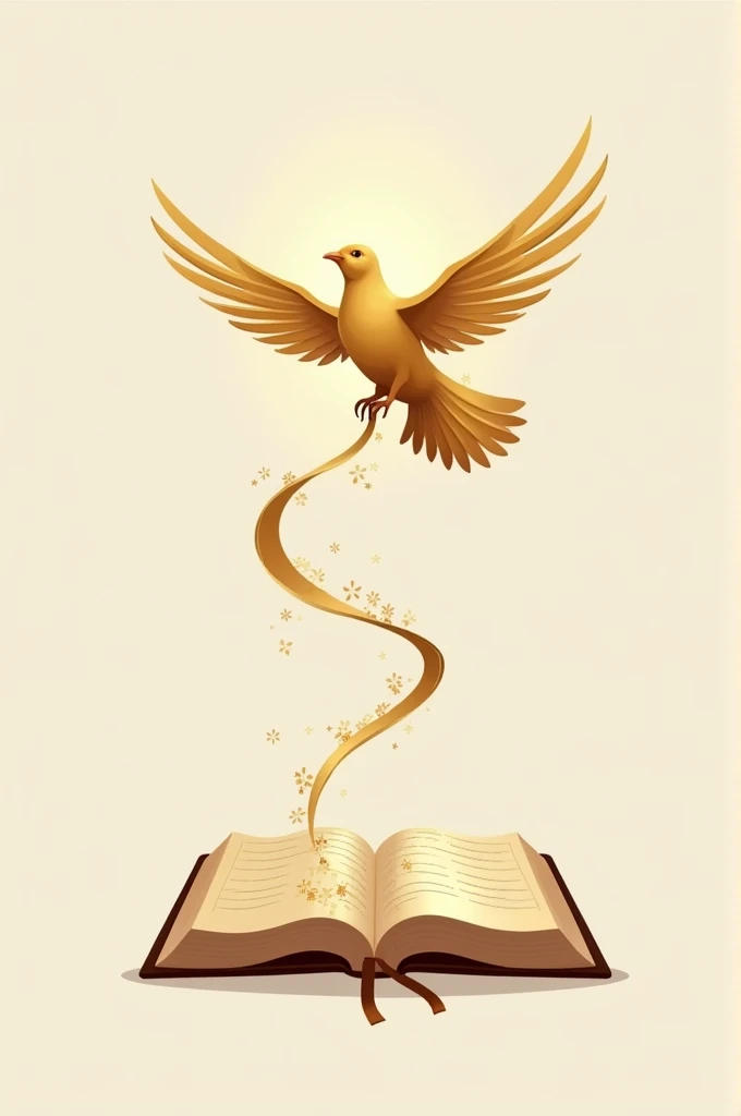 Logo with a long-tailed golden dove with its tail shaped like a path over an open bible