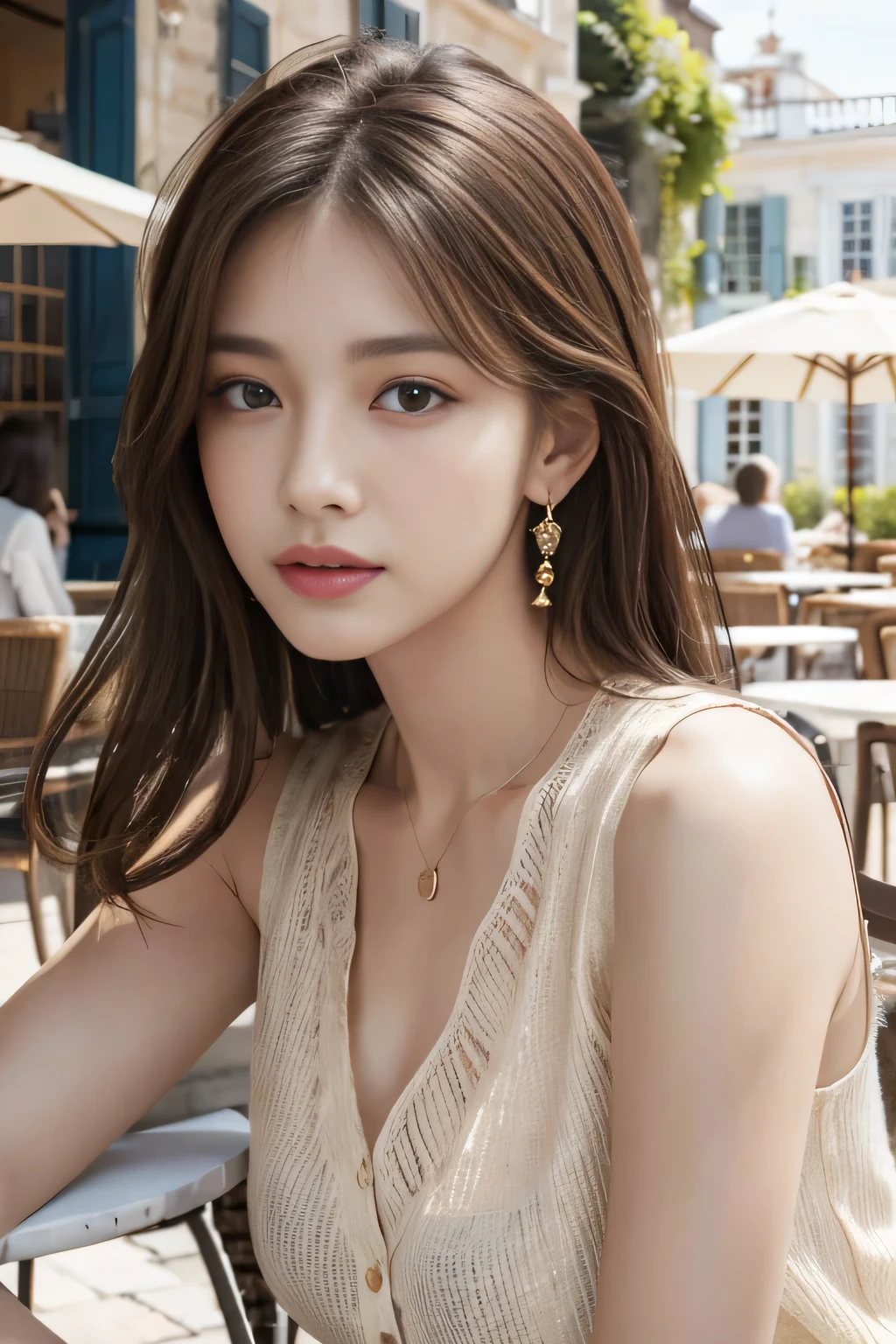 masterpiece, Highest quality, Realistic, Very detailed, Finer details, High resolution, 8k wallpaper, One beautiful woman,Wear a nice blouse, On the terrace of a lovely cafe, at noon, Light brown messy hair, Perfect dynamic composition, Beautiful and beautiful eyes、Big earrings、Sleeveless shirt、