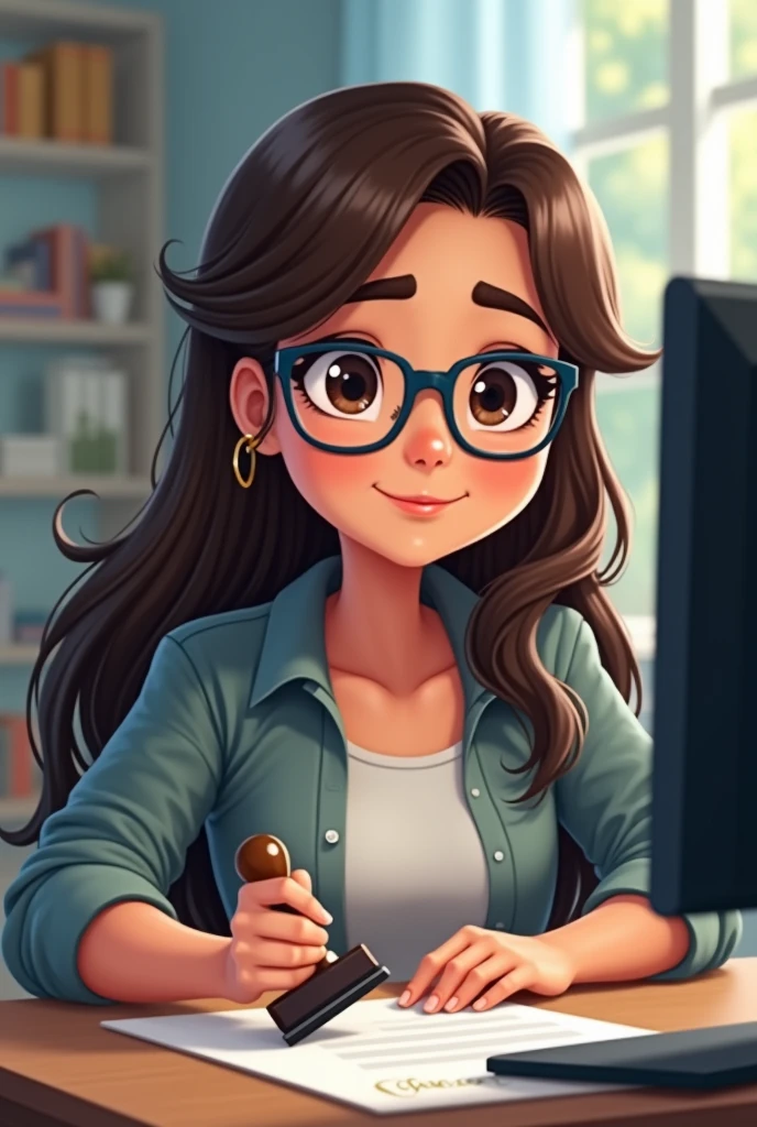 A brunette woman, with long dark brown hair parted on the side, wearing reading glasses with a half-rectangular frame in blue and black, with small dark brown eyes , with thick and well-defined eyebrows, with a round face and big cheeks, wearing casual clothes, working on a computer, happy and satisfied facial expression with what you do at work, holding a stamp in one hand