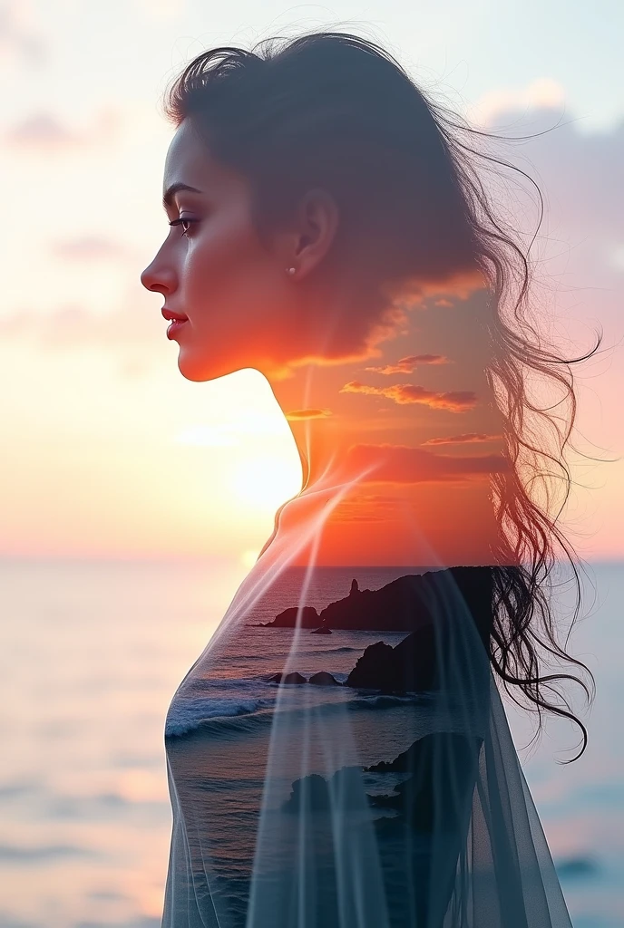 high quality, 8K Ultra HD, A beautiful double exposure that combines an goddess silhouette with sunset coast, sunset coast should serve as the underlying backdrop, with its details incorporated into the goddess , crisp lines, The background is monochrome, sharp focus, double exposure, by yukisakura, awesome full color,