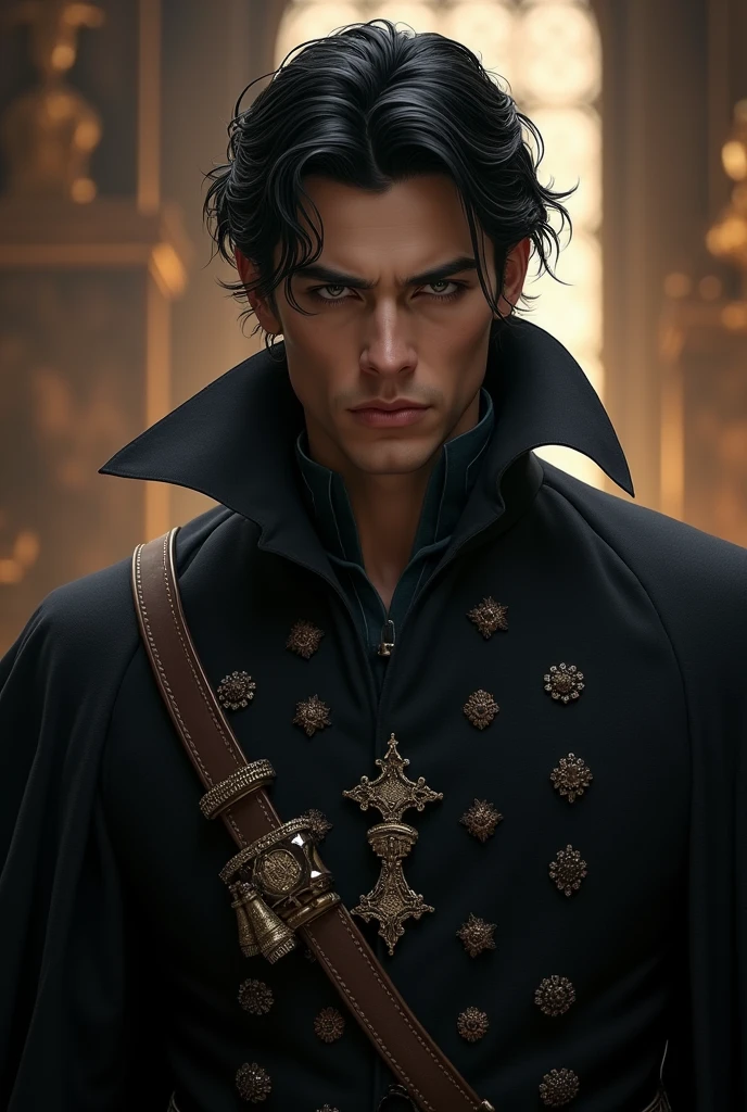 A royal prince with dark hair and dark clothes, 25 years old look so cruel