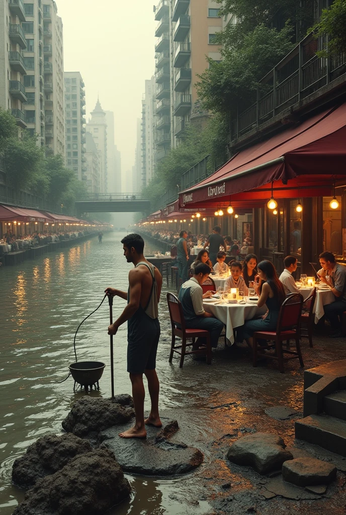 On the banks of the river Of a city, simple people work in the mud, and while out of the river, At the bottom of the image, has a middle class family, dining at a luxury restaurant.