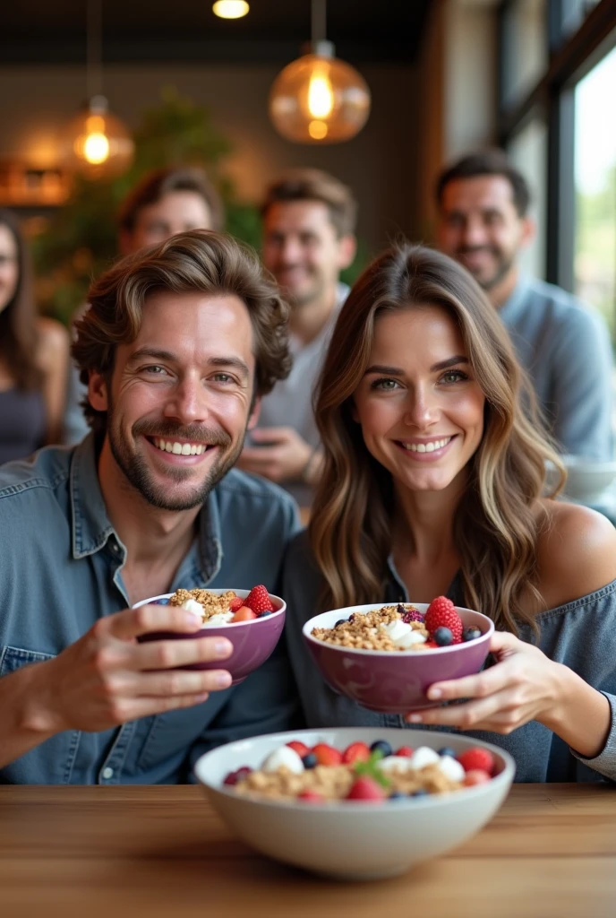 Realistic man and wife 25-35 years old, At the acai shop ,brown hair eating acai , with friends Ultra HD, high qualiy, best qualityer, high resolution, 8k, 16K