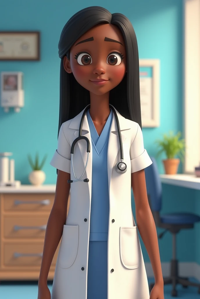 Animated Pixar image black skin doctor, black straight hair parted in the middle, not so skinny medical gown stethoscope in a doctor's office