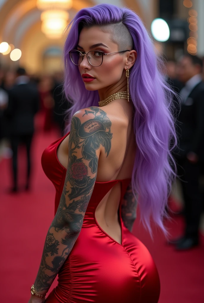 (masterpiece), (top quality), (realistic photo), 8k high definition perfect lighting best photography award, (body entero), 8k quality young caucasian woman 35 years old, White skin, ((pale)), ((lovely)), body perfecto, body, ((mesomorfo)), ((athletic curvy)), hourglass figure, body, (half), (robust), big breasts, (38c), natural, thick and firm thighs), perfect face, Perfect eyes, very detailed, (intricate details), (big violet eyes), Long hair Buzz cut on one side inspired by Mohawk (long straight) Violet hair color extremely tattooed woman, (tattooed arms), (tattooed legs), (body tatuado), extremely sensual woman, (captivating), wears glasses and gold jewelry, lleva un vestido short, (short), fitted, (bright red satin), bare back, neckline ((pronounced)), ((extremely sensual)), ((gladiator sandals with heels)), several shots, at gala event, ((Red carpet))