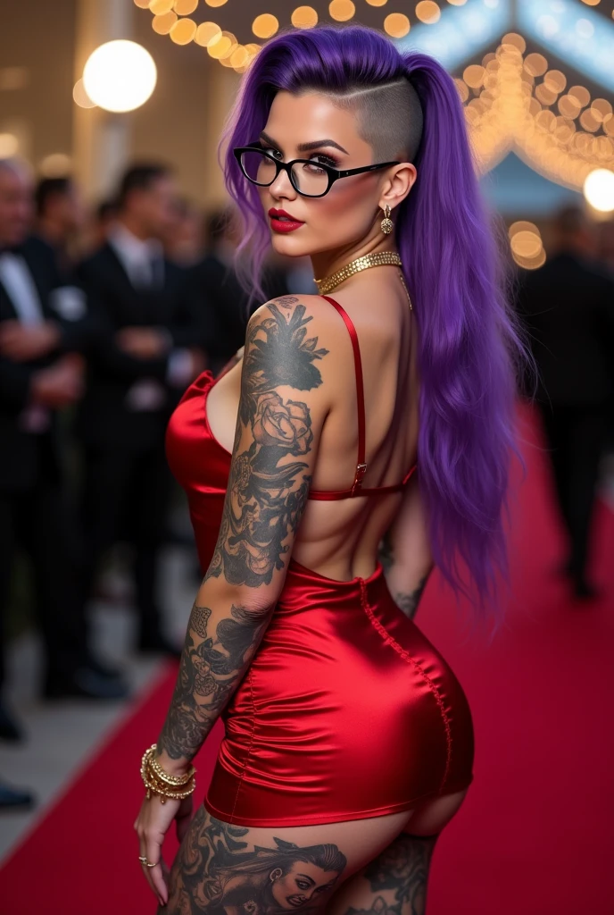 (masterpiece), (top quality), (realistic photo), 8k high definition perfect lighting best photography award, (body entero), 8k quality young caucasian woman 35 years old, White skin, ((pale)), ((lovely)), body perfecto, body, ((mesomorfo)), ((athletic curvy)), hourglass figure, body, (half), (robust), big breasts, (38c), natural, thick and firm thighs), perfect face, Perfect eyes, very detailed, (intricate details), (big violet eyes), Long hair Buzz cut on one side inspired by Mohawk (long straight) Violet hair color extremely tattooed woman, (tattooed arms), (tattooed legs), (body tatuado), extremely sensual woman, (captivating), wears glasses and gold jewelry, lleva un vestido short, (short), fitted, (bright red satin), bare back, neckline ((pronounced)), ((extremely sensual)), ((gladiator sandals with heels)), several shots, at gala event, ((Red carpet))