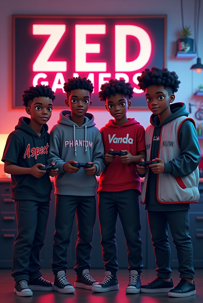 4 teenage boys,all 4 boys black skin, all wearing black skin jeans,one boy with a black t-shirt written ASPECT on it ,one boy in a grey hoodie written PHANTOM on it ,one boy with a red t-shirt written VANDA on it,one boy with a white vest written EVOLUTION on it,all boys with different hair styles ,a big poster saying Z.E.D GAMERS, each one holding game controllers,