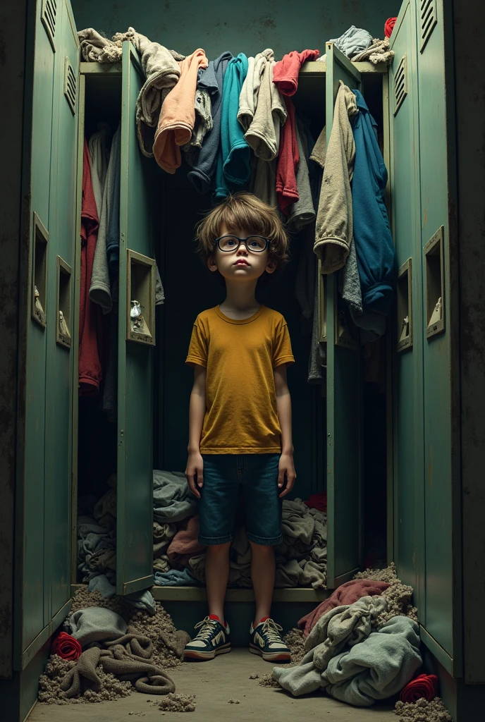 specky boy with locker that full of used clothing