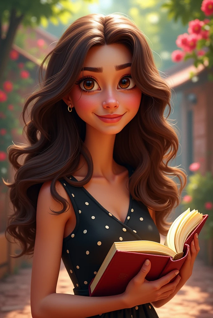 create a pixar poster with a long brown curly hair in the length, in a black dress with white polka dots, brown eyebrows, nose a little big, smiling with a book in hand