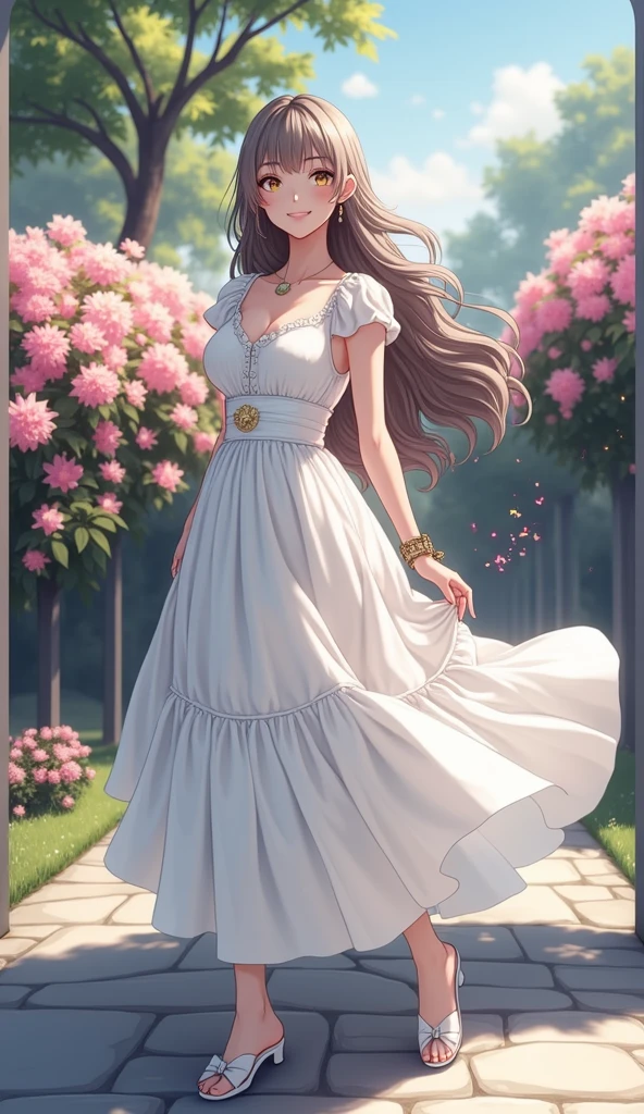 (masterpiece、Highest quality、8k、High resolution)、(One female、Beautiful Face、Beautiful eyes、Beautiful lips、Beautiful nose)、smile、The white upper teeth are faintly visible、Silver blonde medium hair、(The best girl in anime)、garden、blue sky、Colorful flowers are blooming、Vibrant colors、Red roses are beautiful、(Body、whole bodyから神秘的な光の粒子、Colorful light particles、A mysterious light glowing around the head)、melt、jewelry、necklace、dress、(whole body)、Highly detailed anime art、A complete portrayal、