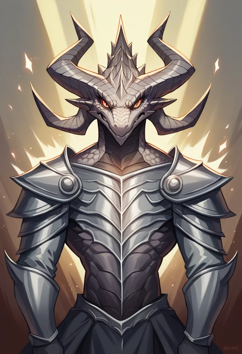 Create a terrifying version of a white anthropomorphic dragon with white crystals on its body with dragon-themed knight armor and a mystical appearance. For the scary version, emphasize darker, more intense elements of the skin. Use background, ominous colors like dark purples, black, and reds. Highlight strong tones, menacing features like fierce, shiny dragon scales, Malevolent Eyes. Add dramatic effects like stormy or fiery energy around you and make your sword look more formidable and menacing. Make sure your dragon motifs and armor look more intimidating, jagged appearance to enhance the overall frightening presence