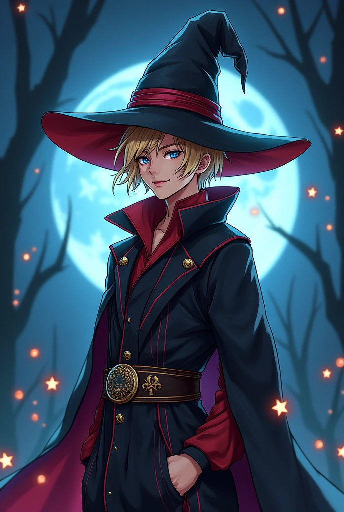 Young male wizard, blonde hair shaved on the sides, wizard hat, with black and red clothes , night scene, style cartoon.