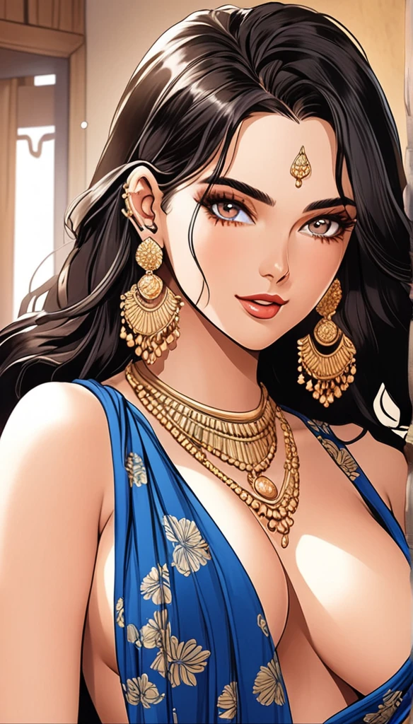 (Comic illustration)Renowned actress at the age of 28 wearing a provocative blue saree braless, large oversized hoops earrings, long hair ,big saggy breasts ,face makeup, beautiful, alluring, necklace,white skin ,ear piercing 