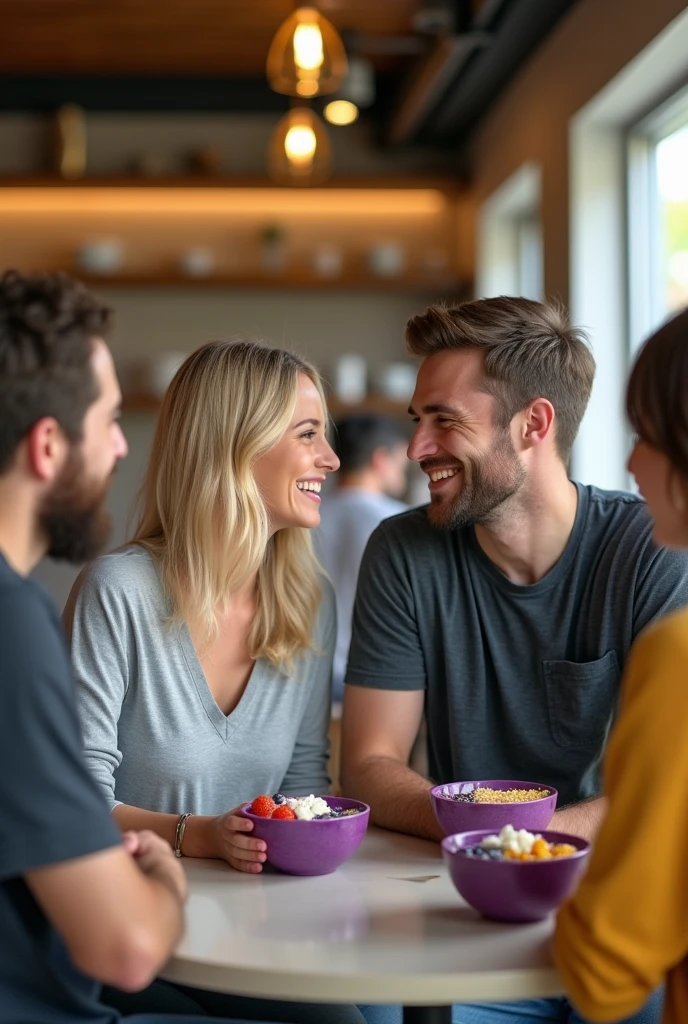 Realistic man and wife 25-35 years old, At the acai shop ,blonde hair eating acai , with friends Ultra HD, high qualiy, best qualityer, high resolution, 8k, 16K