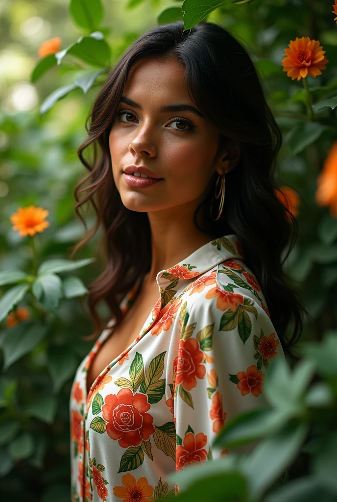 A Brazilian woman in a lush tropical garden, wearing an open shirt with a floral print, with a close-up capturing the harmonious beauty between her breasts and the natural flowers, showing off your natural charm and outgoing personality.