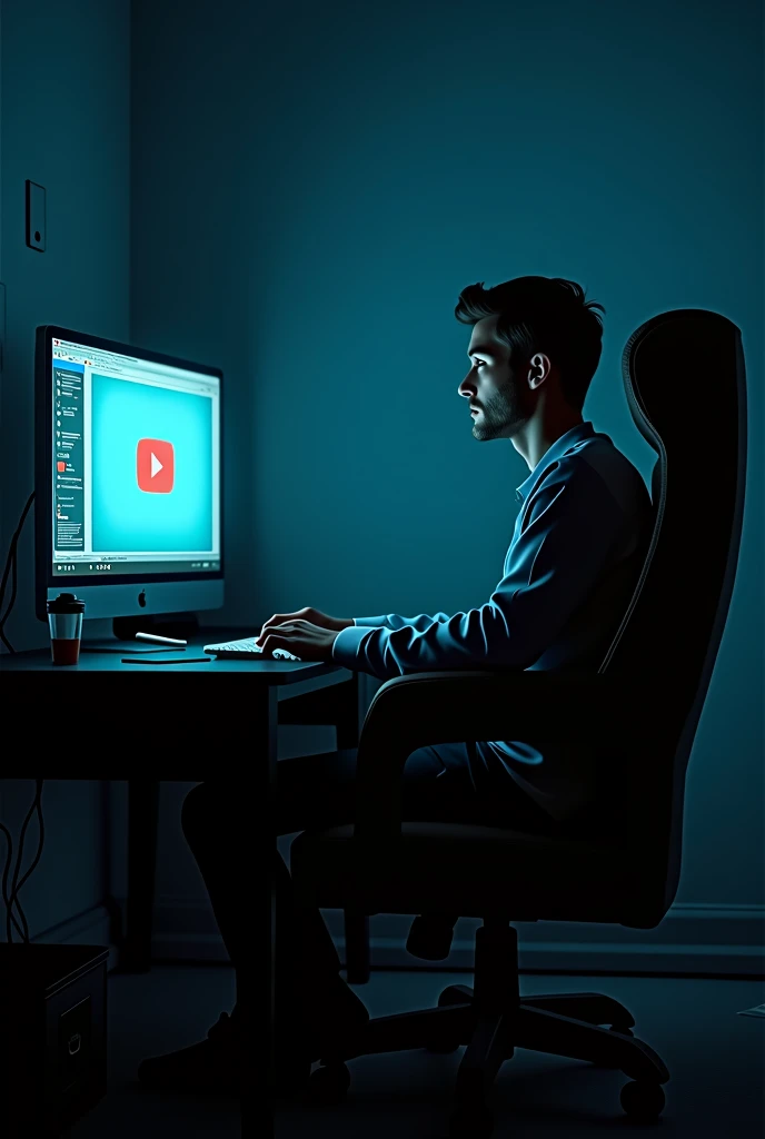 a guy sitting on a chair in a dark room with youtube open on the monitor