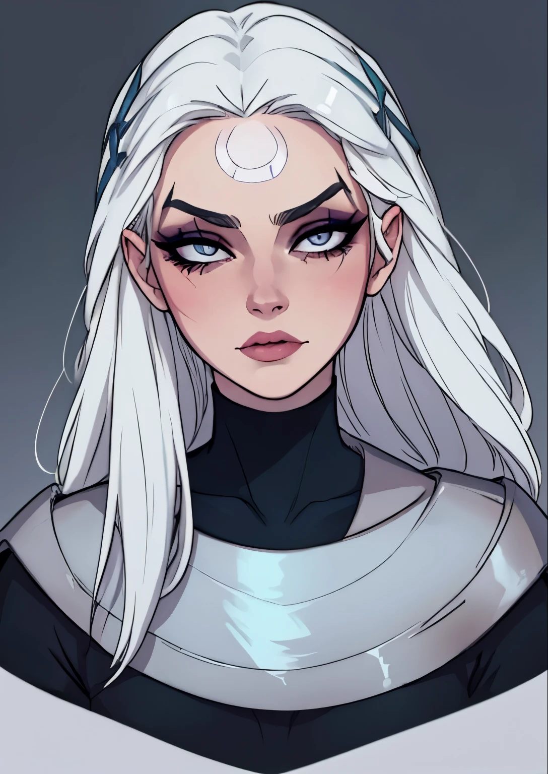 masterpiece, best quality, 1female, beautiful, face portrait, intense makeup, gray eyes, very pale skin, shy, mad, long hair, white hair, diana \(league of legends\), deep dark makeup