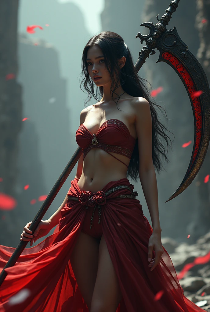 ((masterpiece, highest quality, Highest image quality, High resolution, photorealistic, Raw photo, 8K)), ((Extremely detailed CG unified 8k wallpaper)), (huge stunning goddess shot, very hot and sexy, jaw-dropping beauty, perfect proportions, beautiful body, slim body beauty:1.4), A girl wielding a huge scythe, movie poster, large "INFINITY" written at bottom of screen,
