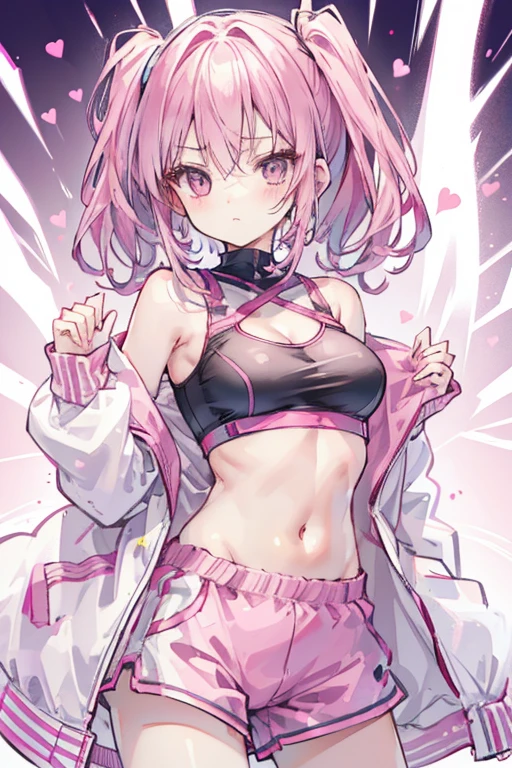 Pink sports bra.There is an empty heart in the chest of clothes.Small white coat.hot pants.Double tail.cleavage.Medium breasts