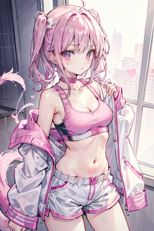 Pink sports bra.There is an empty heart in the chest of clothes.Small white coat.hot pants.Double tail.cleavage.Medium breasts